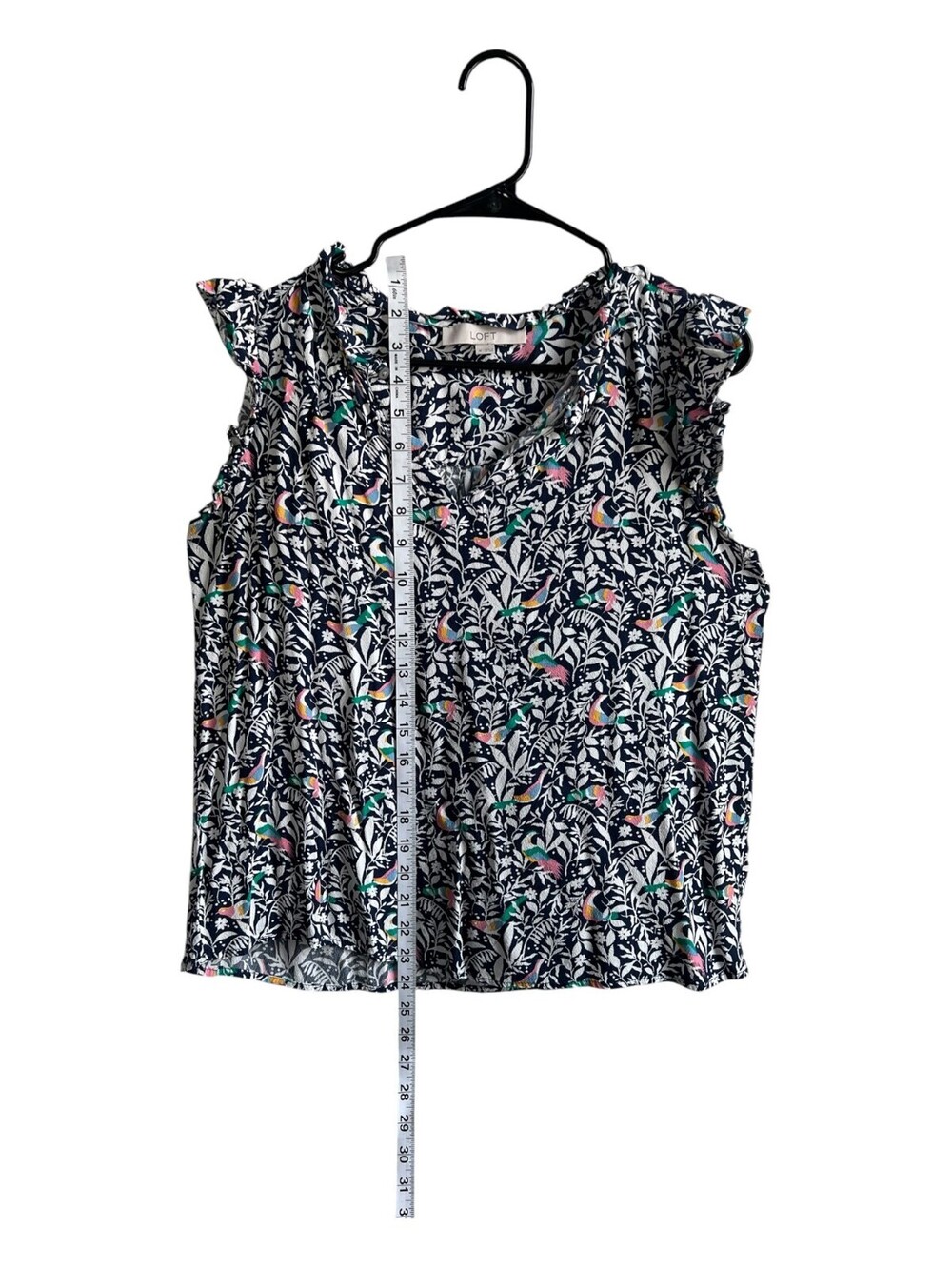 LOFT - Navy Tropical Bird Floral Ruffle Sleeveless Blouse - M - Picture 5 of 8